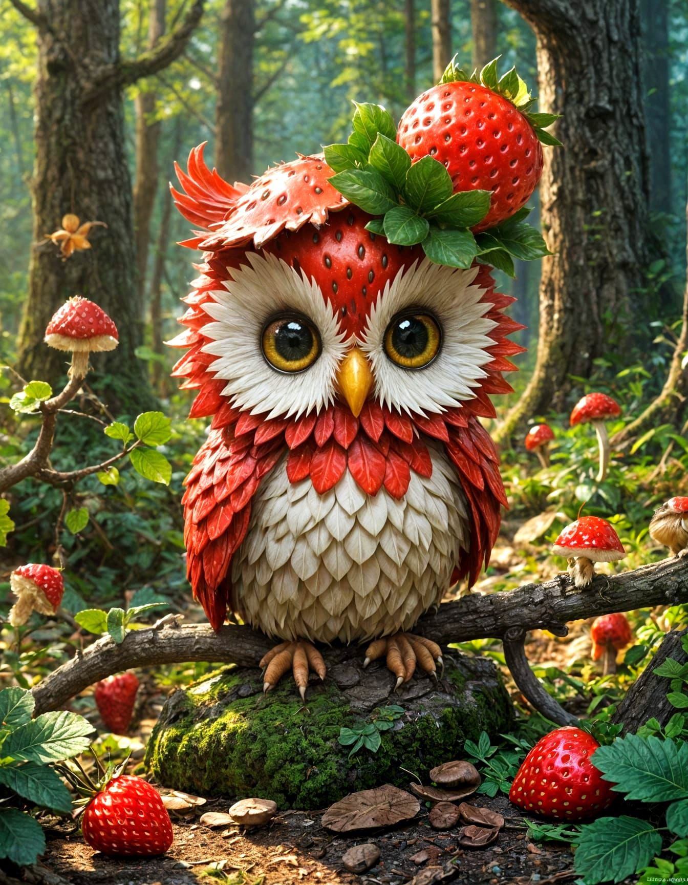 Chibi Strawberry Owl in Fantasy Mushroom Forest