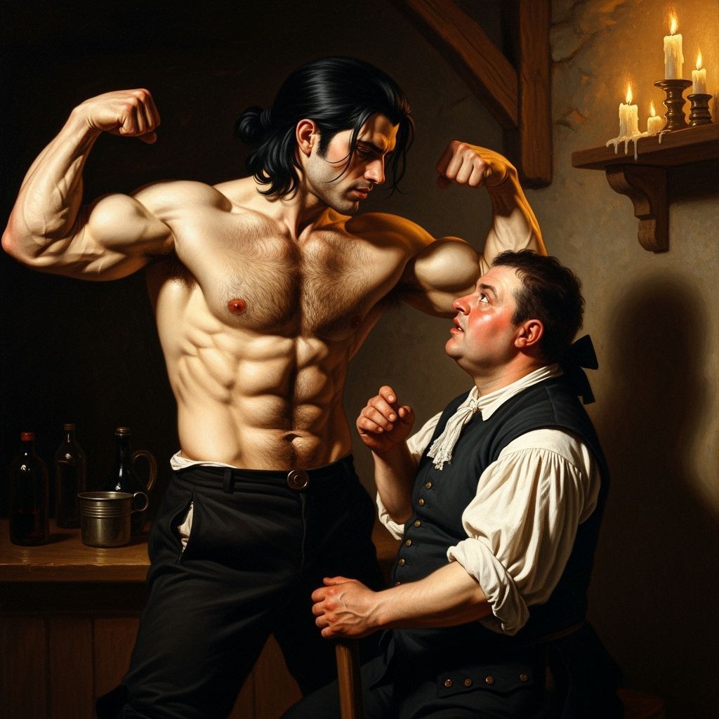 Hunter Flirts in Candlelit Tavern as Dramatic Oil Painting