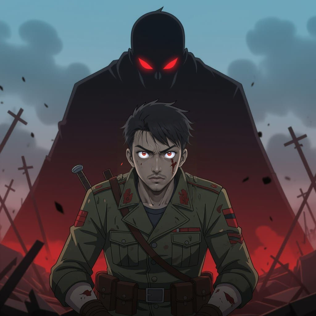 Anime Soldier with Shadow Figure in Battlefield
