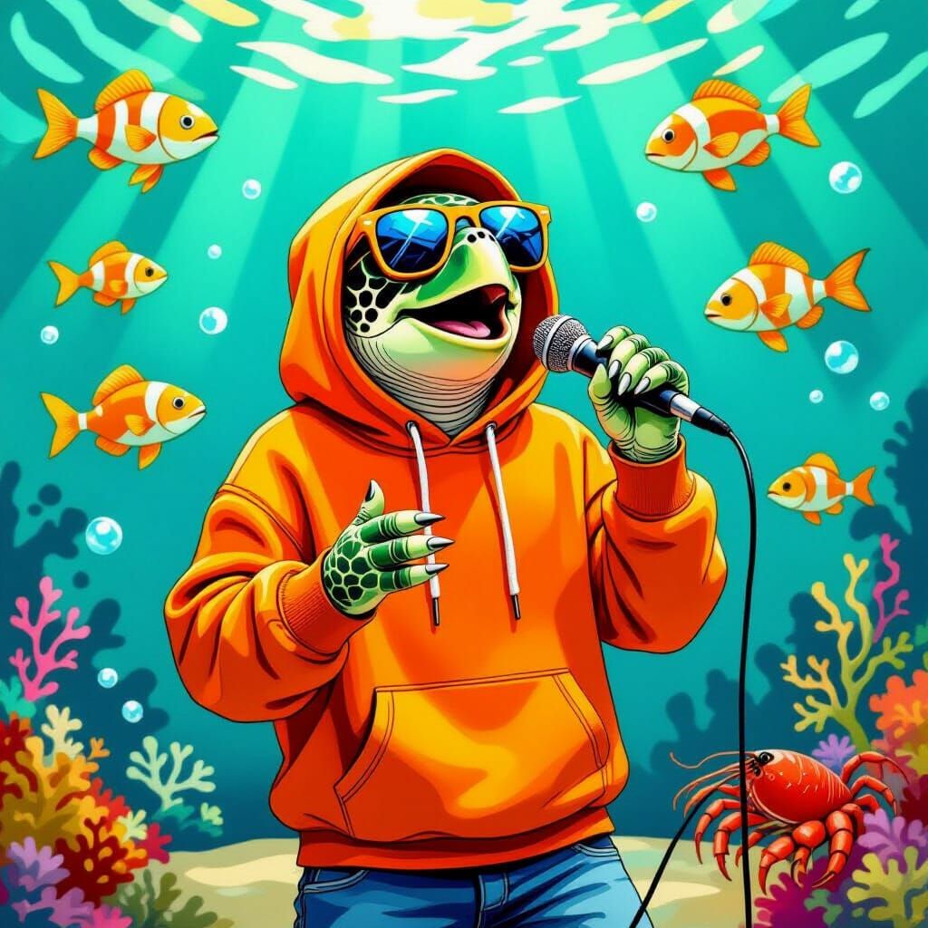 Singing Sea Turtle in Abstract Underwater Scene