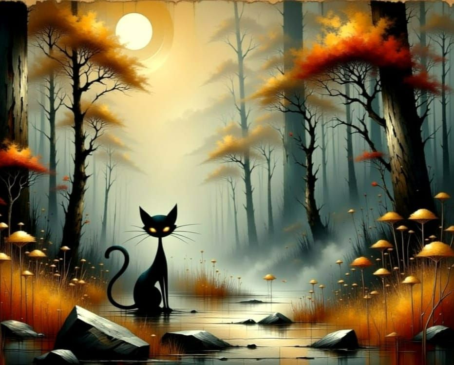 Mystical Cat-Like Creature in Eerie Forest