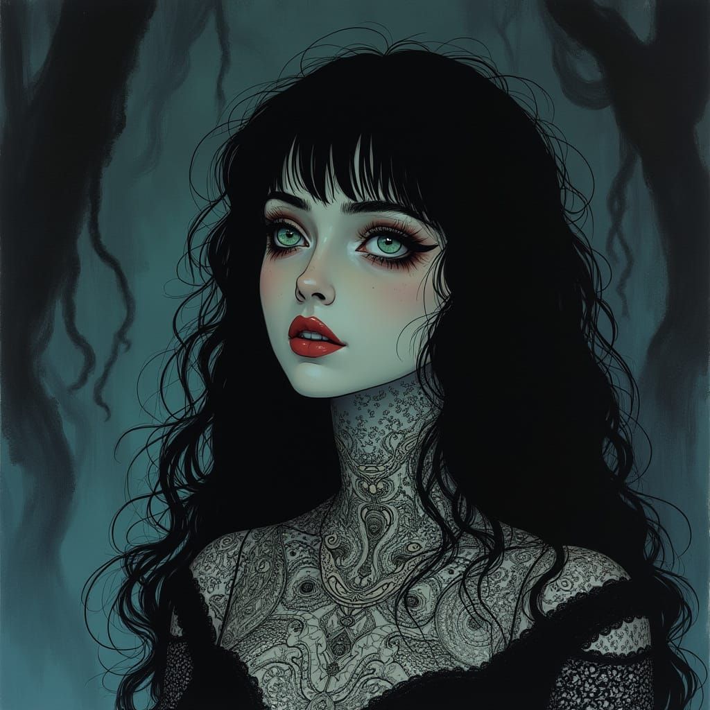 Surreal Dark Fantasy Woman Trapped in Haunting Anime World