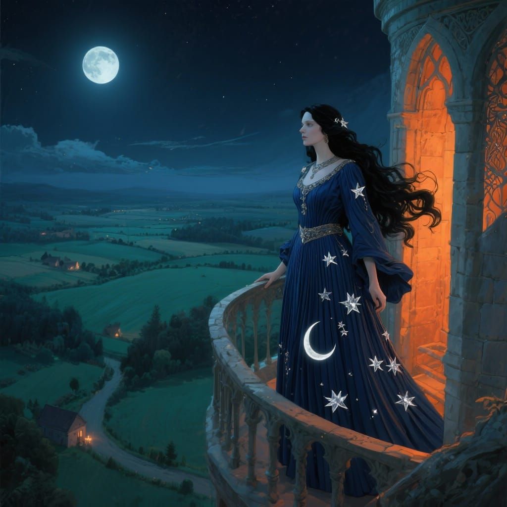 Wizard Woman in Starry Dress Overlooking Moonlit Landscape