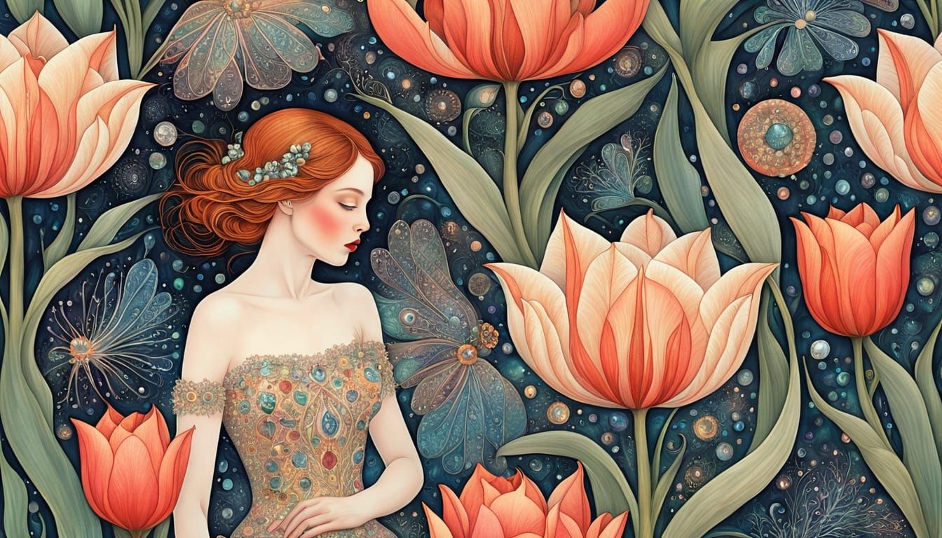 Ethereal Goddess in Iridescent Opal and Crystal Tulips