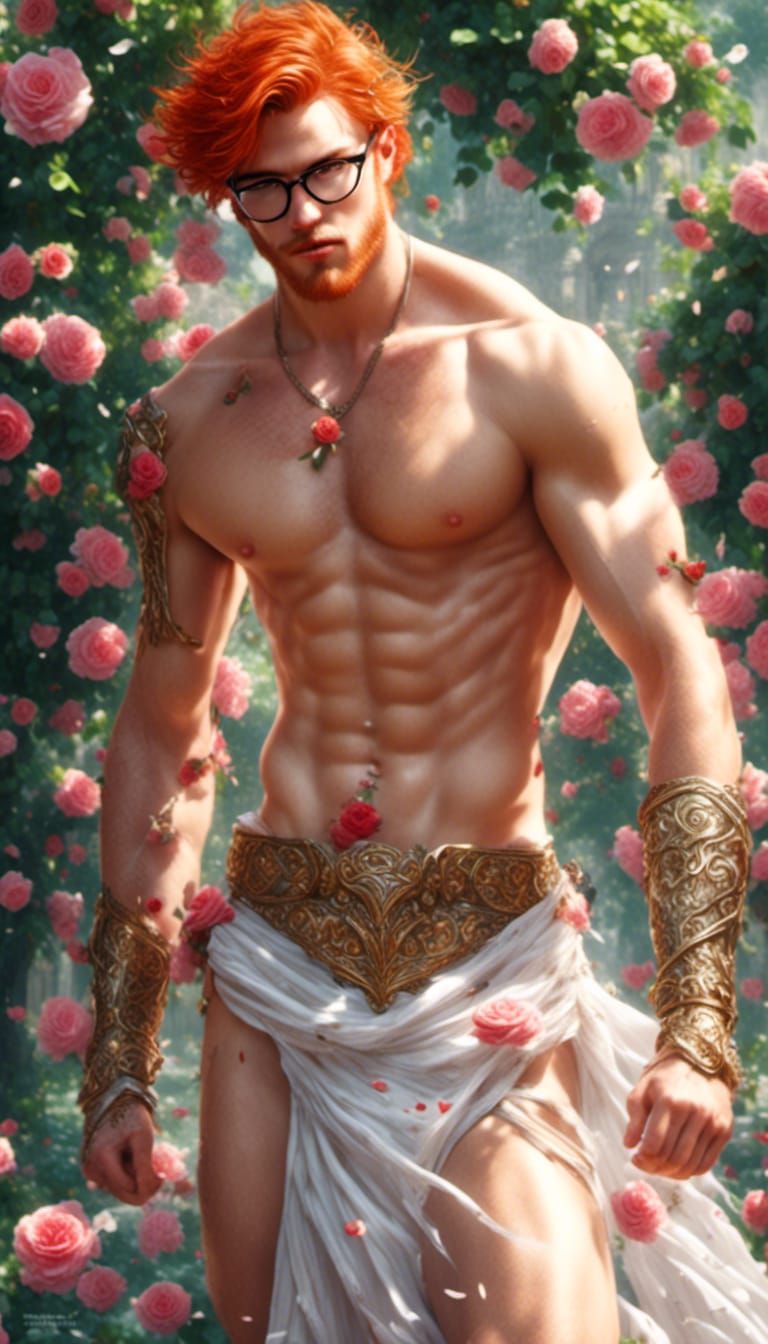 Redhead Hunk in Rose Garden: Hyperreal AI Art