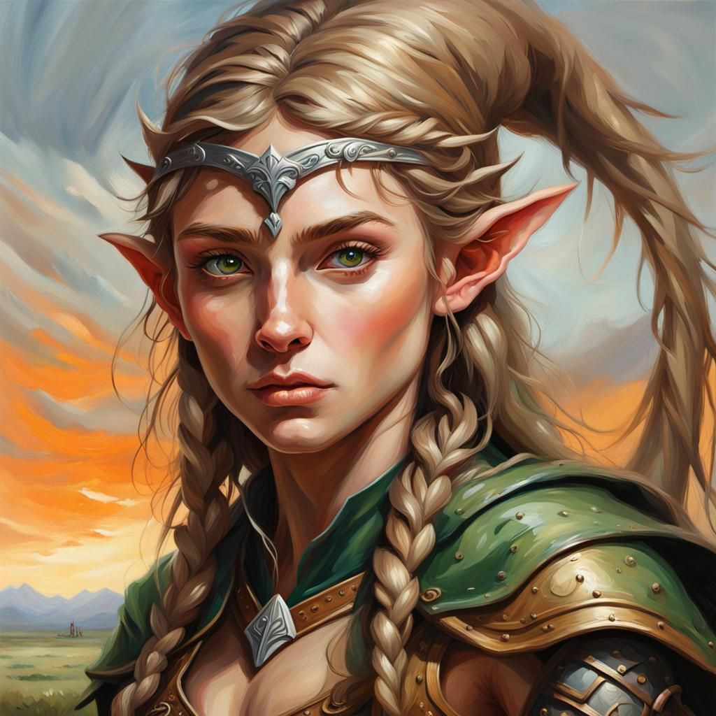 Female Elf Warrior on Rohan Plains as Oil Painting