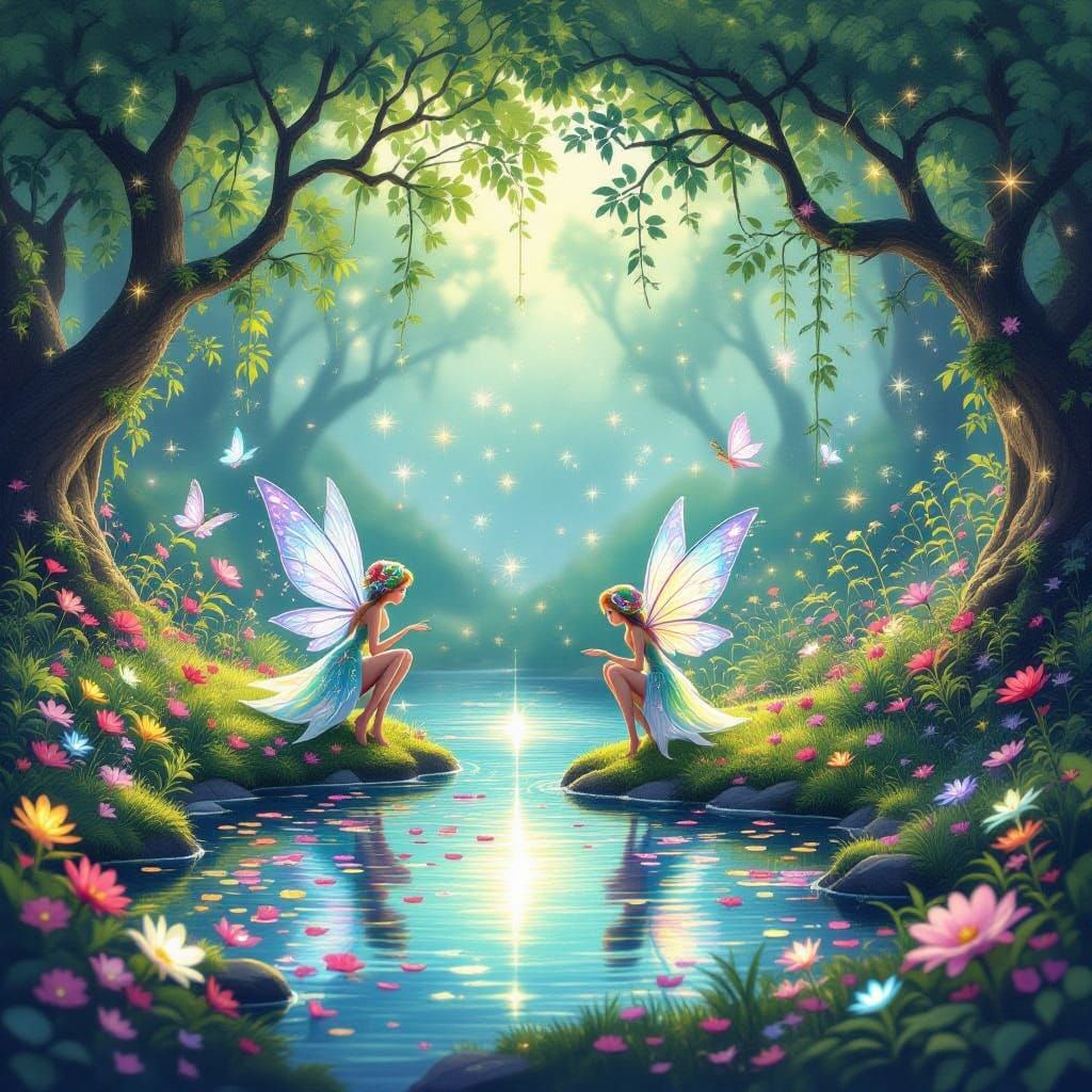 Whimsical Twilight Fairy Sanctuary in Vibrant Color