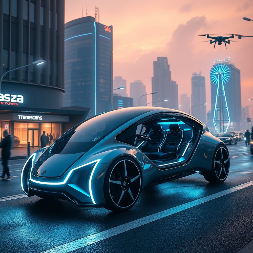 Futuristic Vehicle in Misty Cityscape, Syd Mead Style