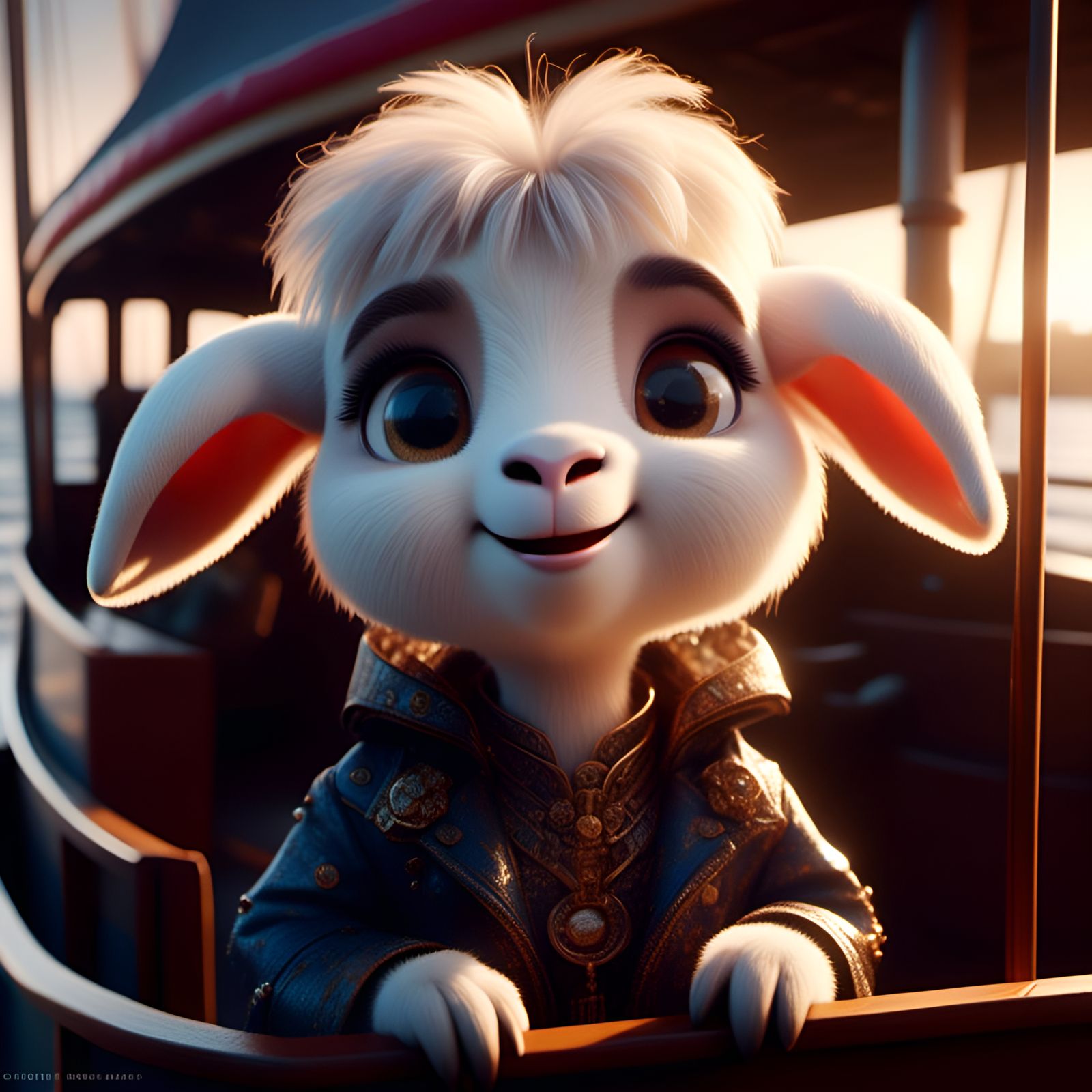 Chibi Goat in Coat on Boat, Detailed Digital Art
