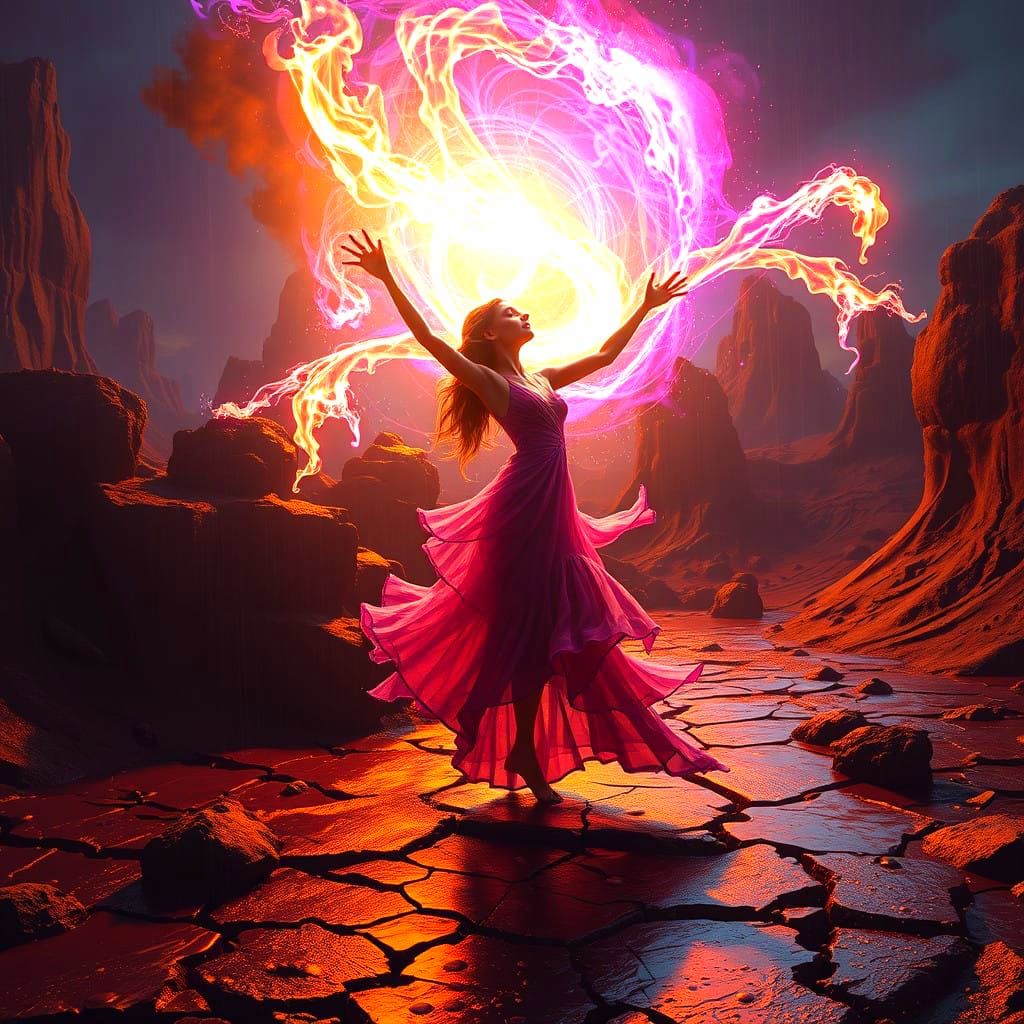 Surreal Dancer Illuminates Clay Cracked Landscape in Dark Fa...