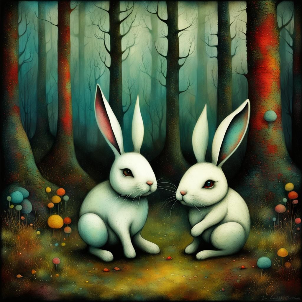Two Bunnies in Forest: Abstract Art with Fine Details