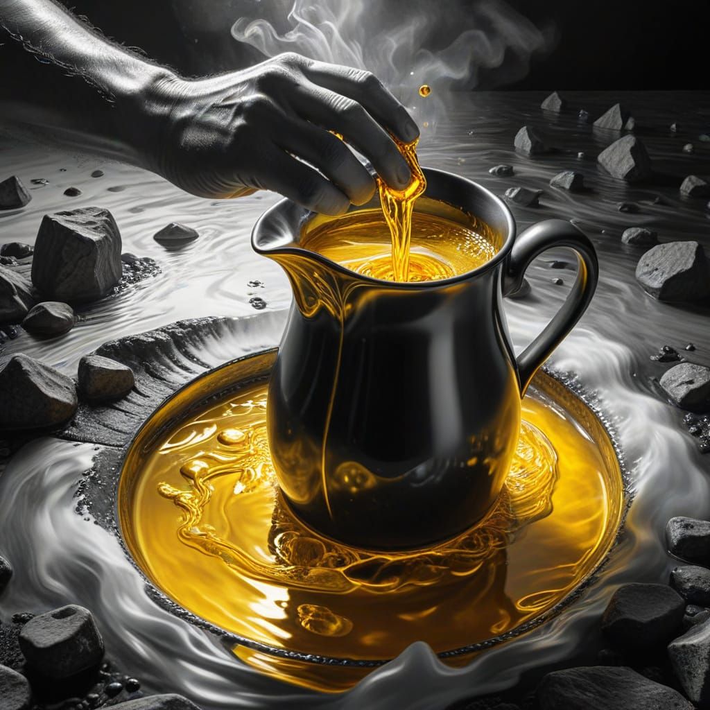 Giant Hand Pours River of Gold: Charcoal Drawing