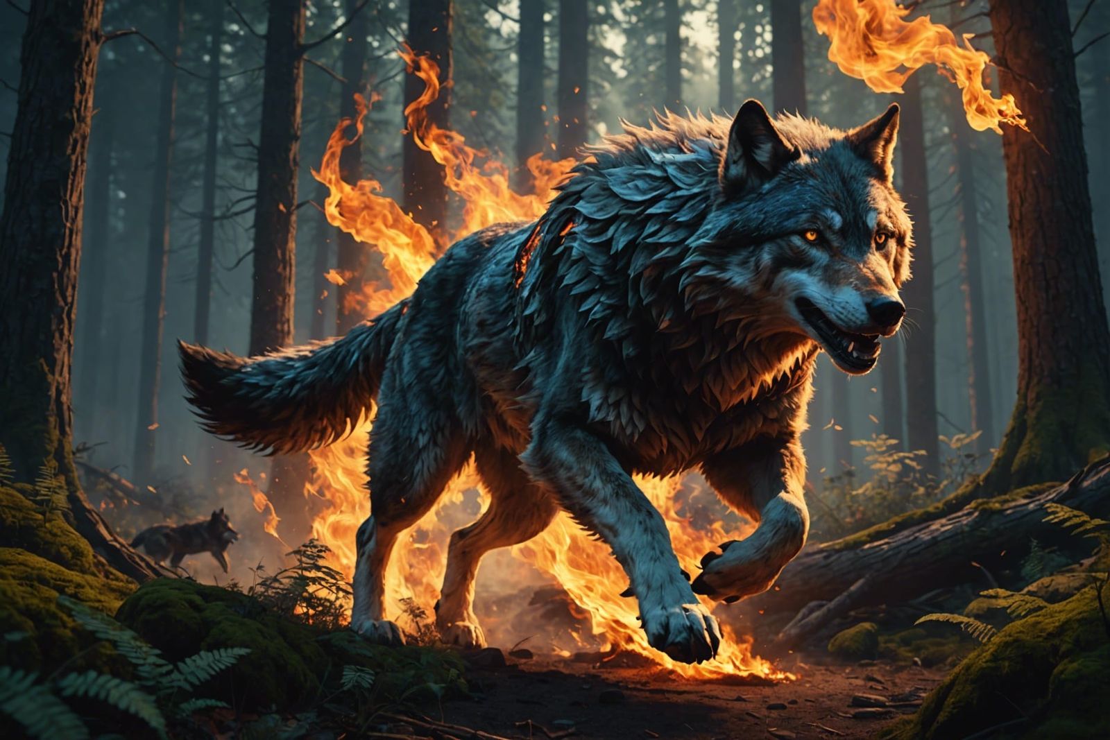 Fiery Wolf in Forest: Fantasy Concept Art