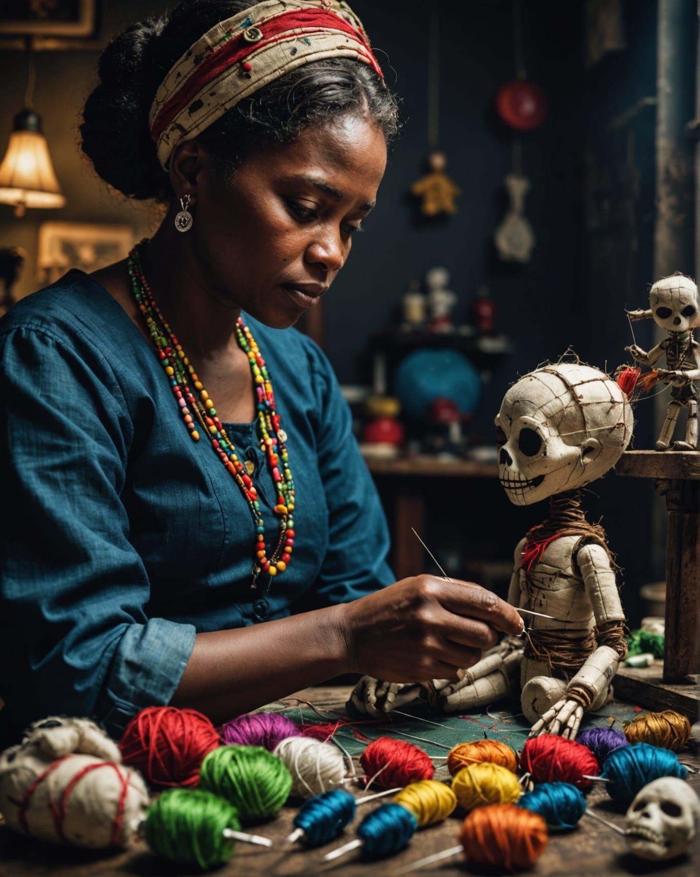 Woman Sewing Voodoo Dolls in Hyperrealistic Style