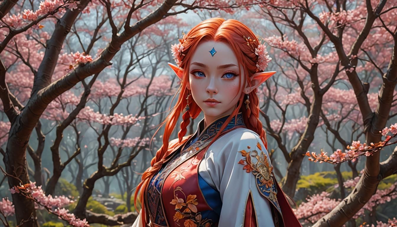 Beautiful Elf in Plum Blossom Forest, 3D Anime Art