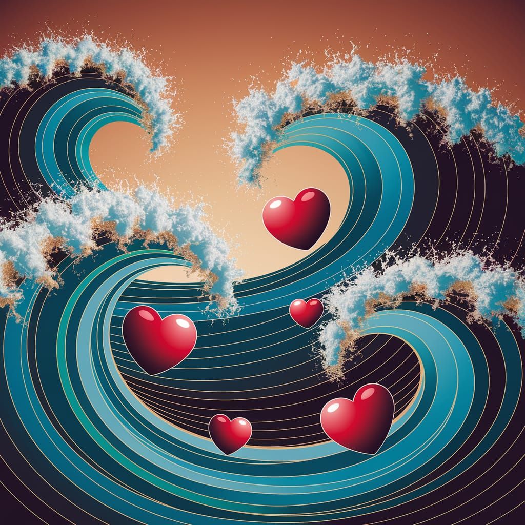 Turquoise Sea with Golden Hearts in Abstract Art