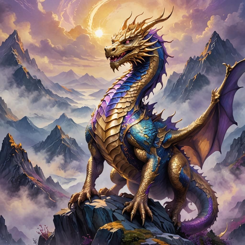 Gold Dragon on Misty Peak: Watercolour Fantasy Art
