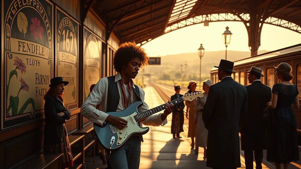 Jimi Hendrix Busking in Edwardian Train Station, Art Nouveau...