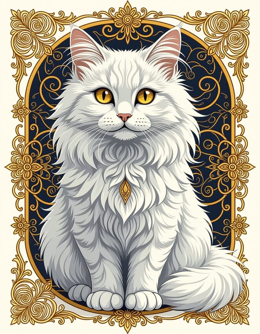 Intricate White Cat in Ornate Mandala