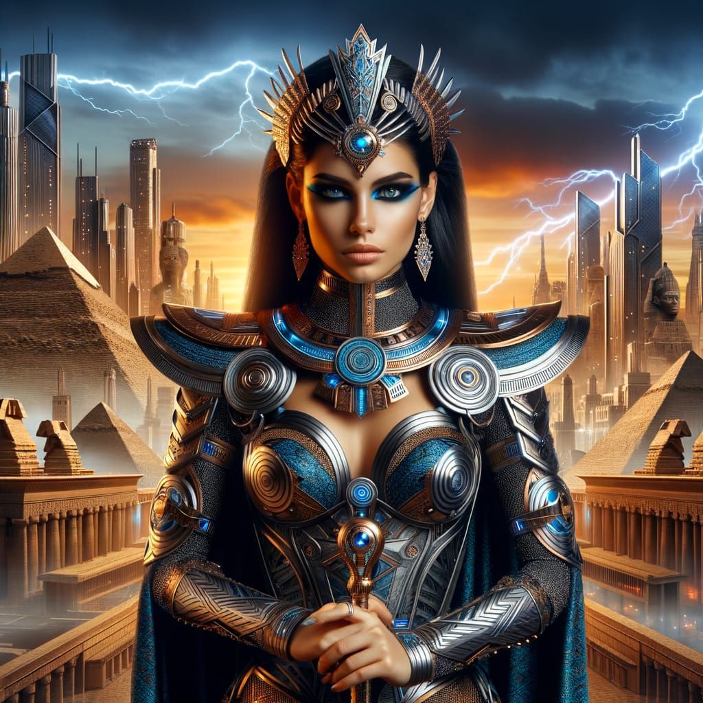 Egyptian-Modern Fusion: Woman in Futuristic City