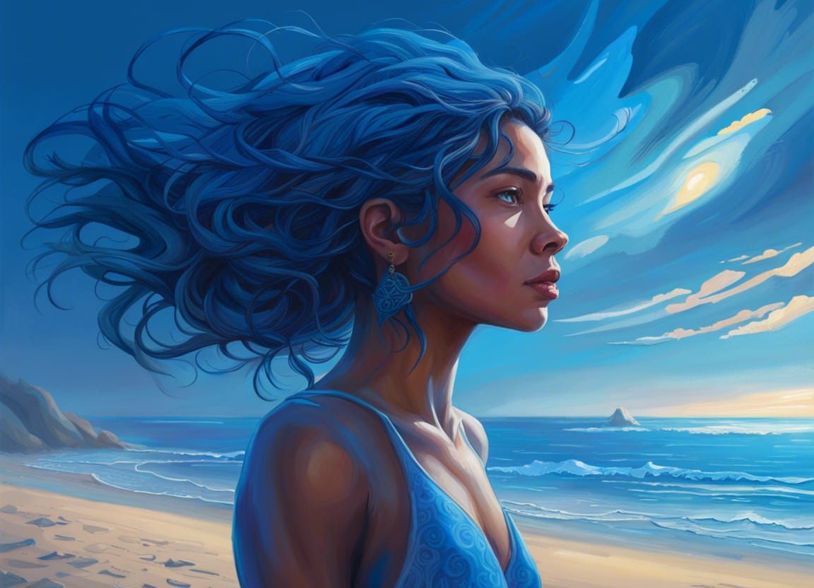 Shining Sea Beach at Night in Blue