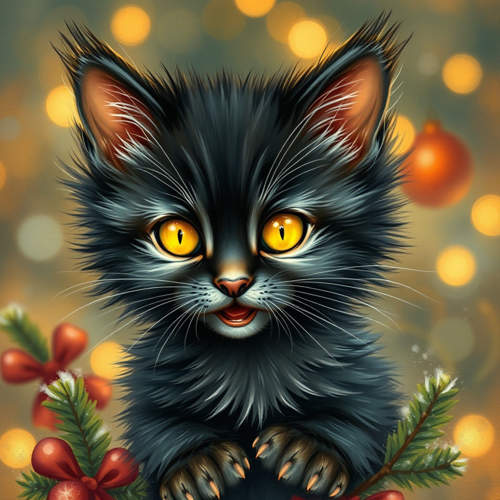 Festive Black Kitten in Impressionist Christmas Scene