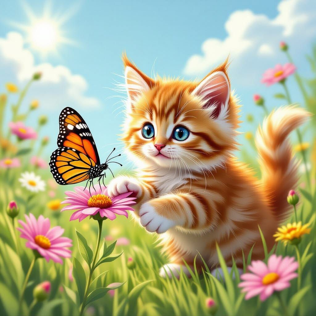 Fluffy Kitten Paws at Butterfly in Wildflower Meadow
