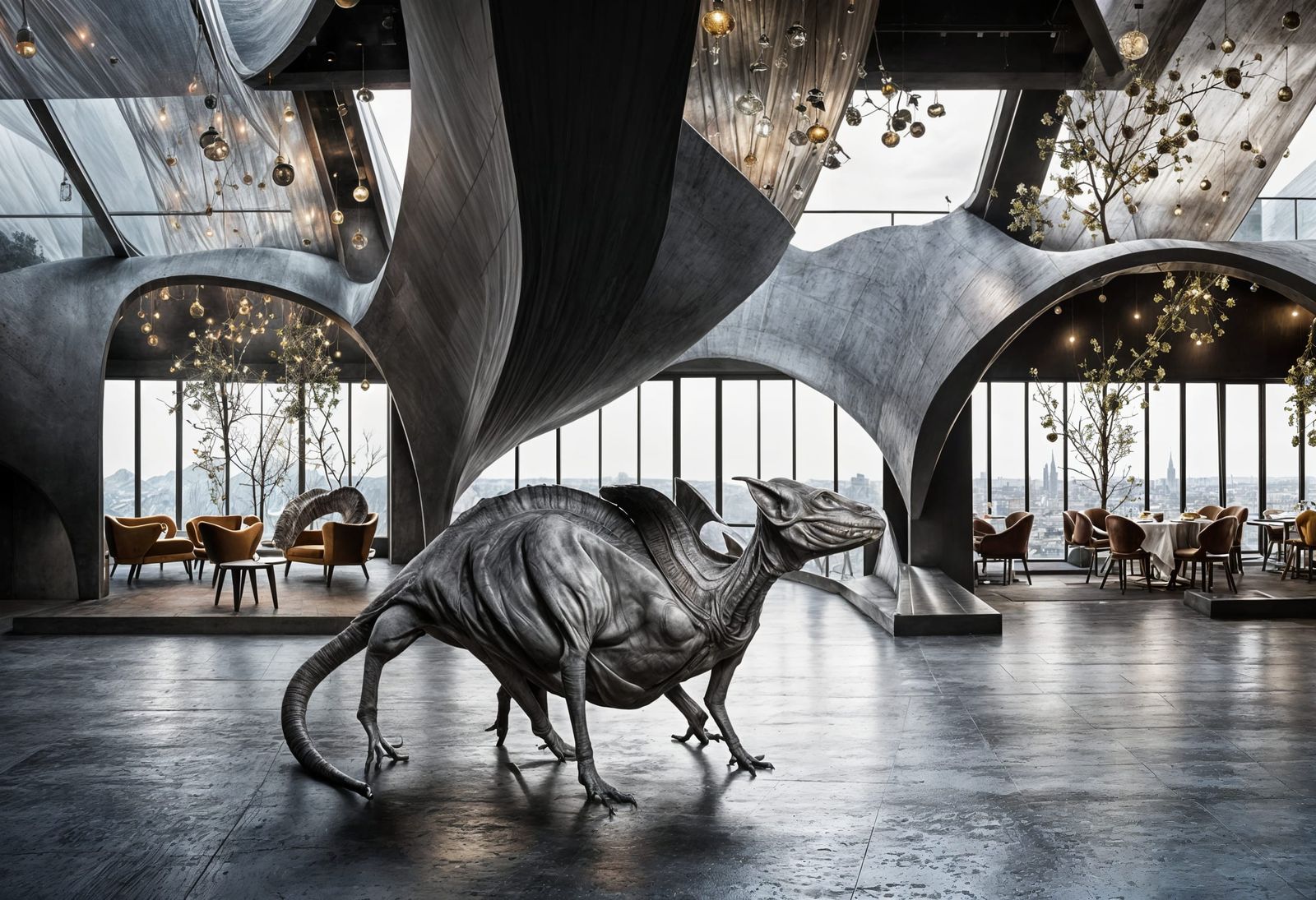 Surreal Alien Celebration in Restaurant, Digital Art