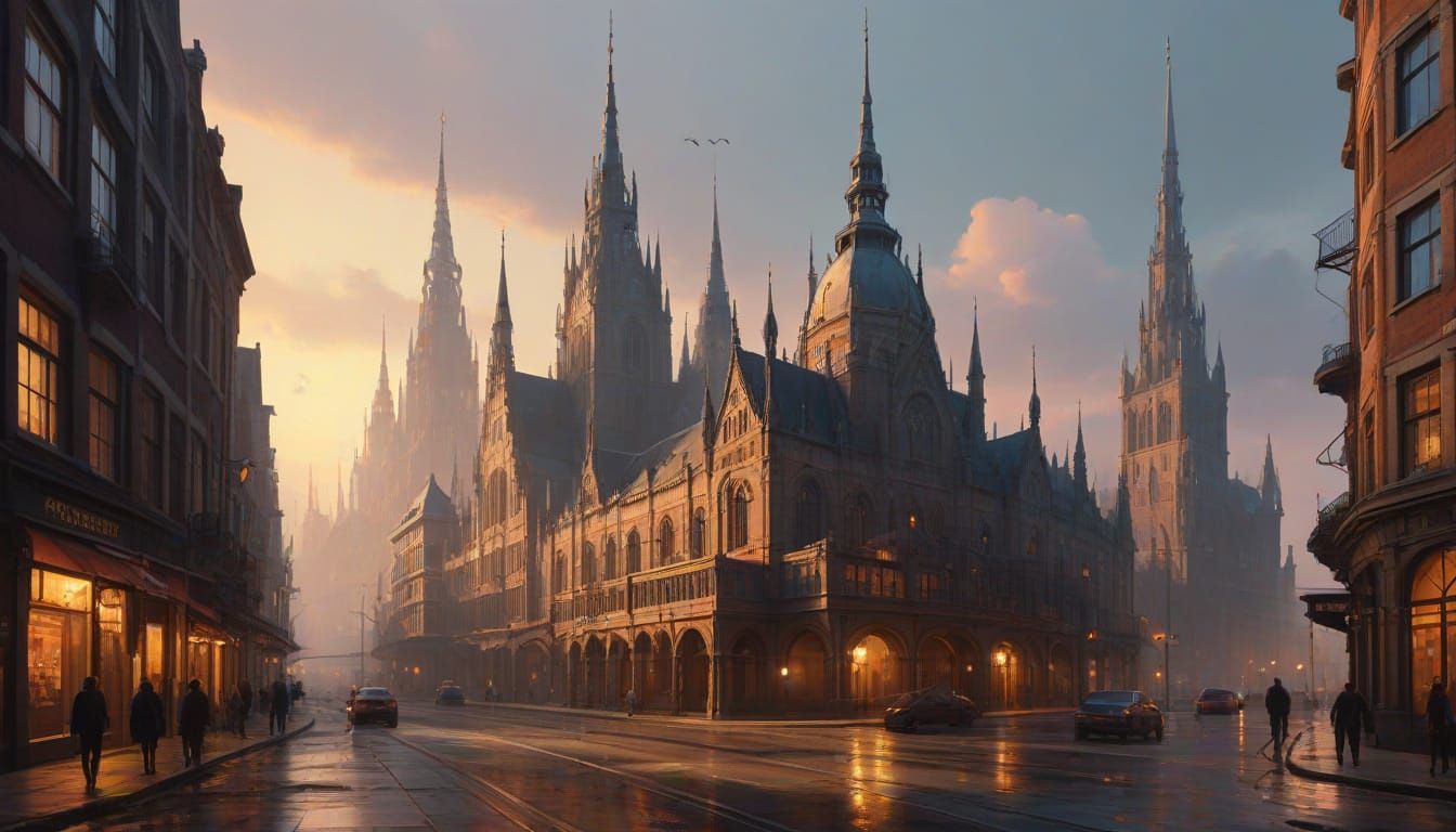 Surreal Futuristic Cityscape in Golden Light, James Gurney S...