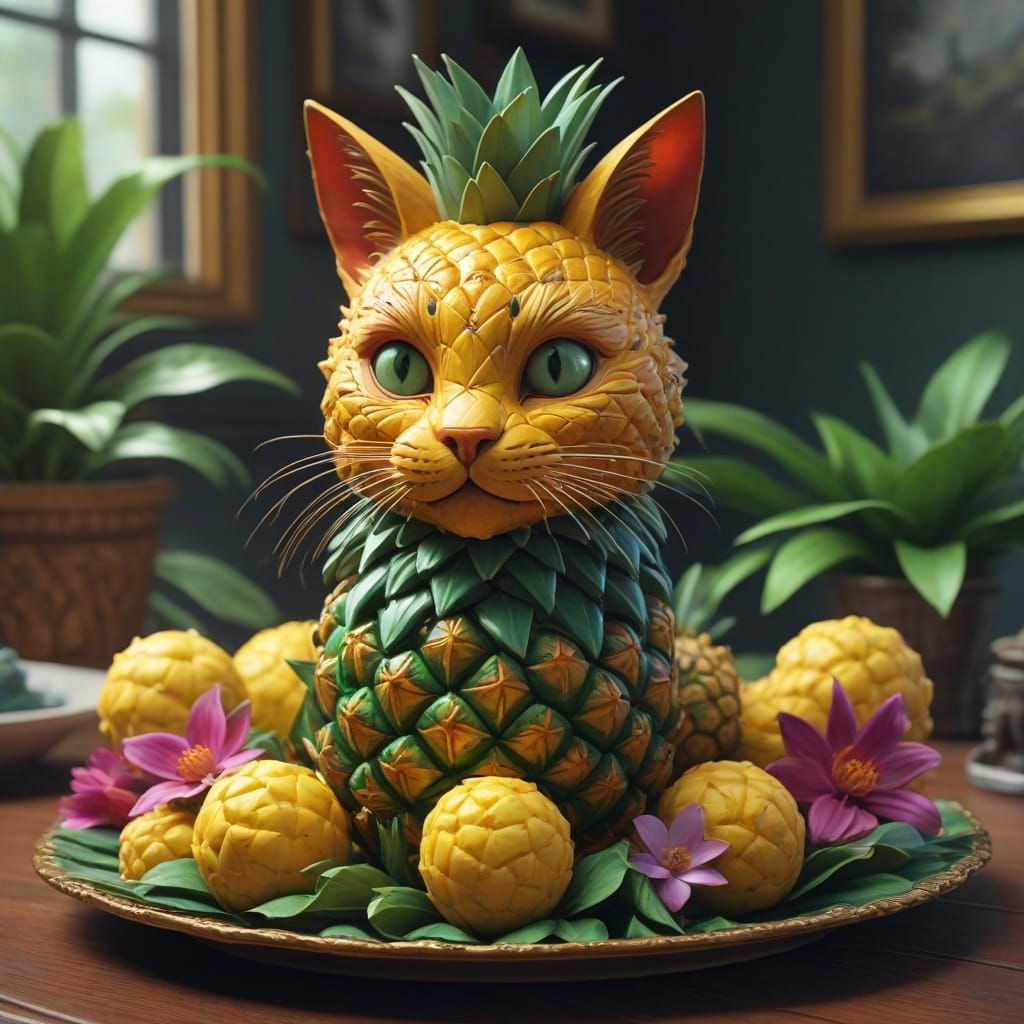 Exquisite Pineapple Cat Sculpture on Golden Fruit Plate