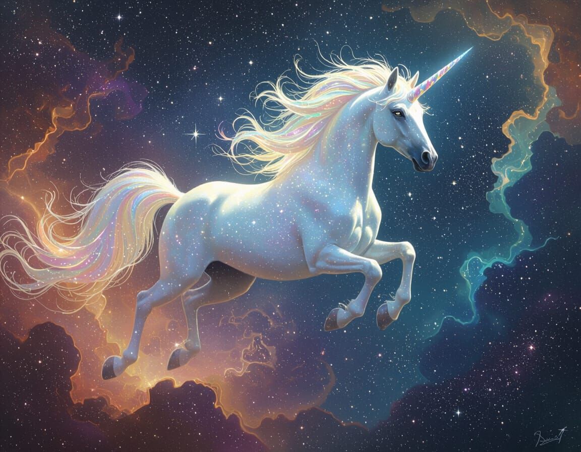 Celestial Unicorn Soaring Through Nebula in Art Nouveau Styl...