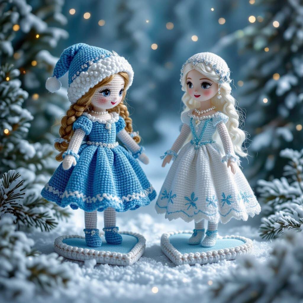 Crocheted Doll Transforms into Snow Maiden in Magical Forest