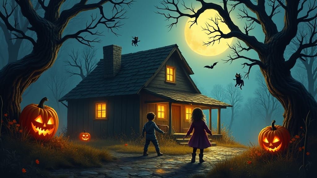 Eerie Halloween Cabin in Dark Mystical Landscape
