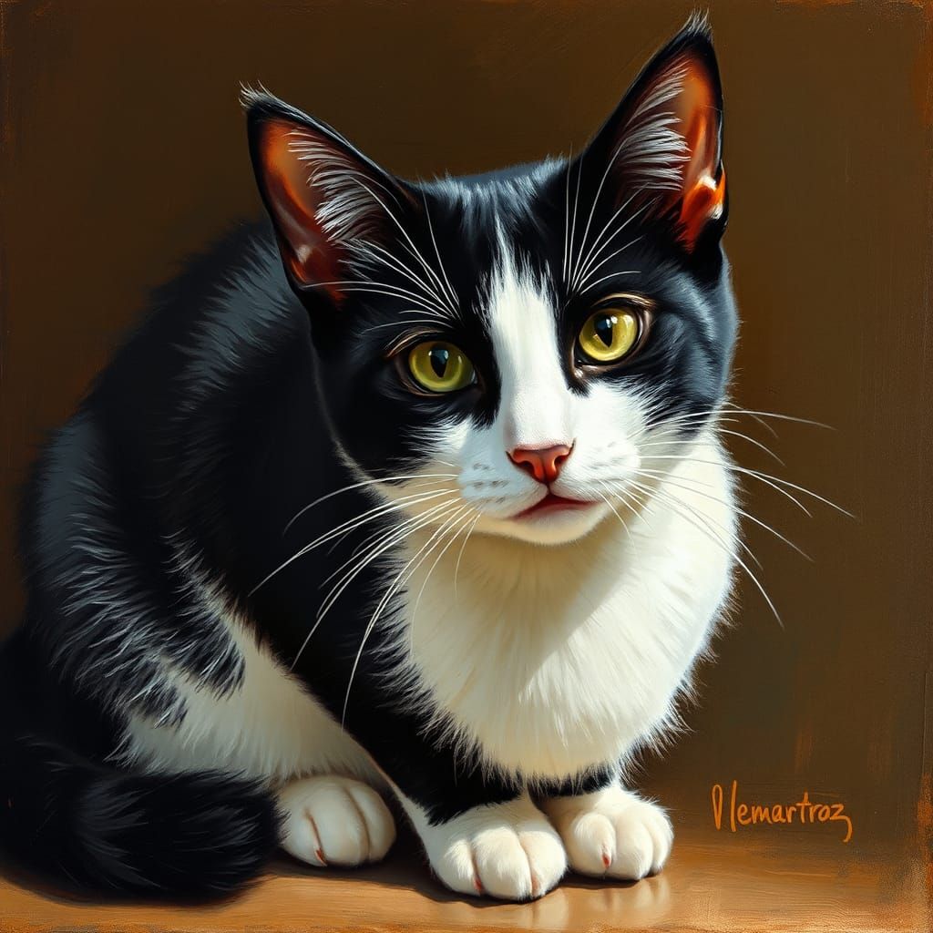 Tuxedo Cat Portrait in Rembrandt Style