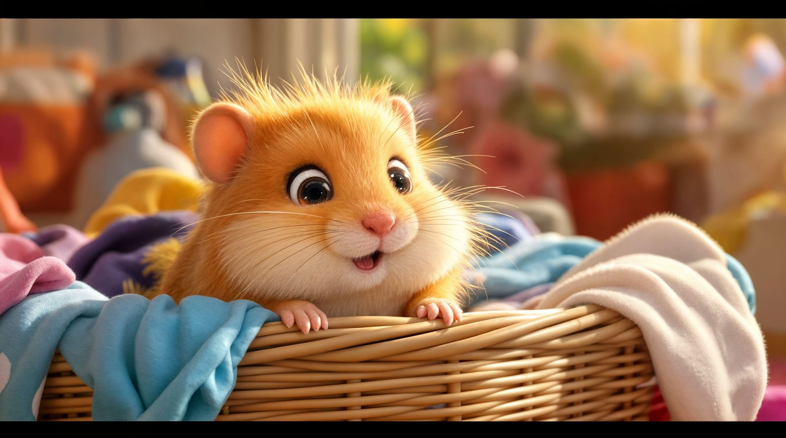 Sunny Hamster Pokes Out of Laundry Hamper