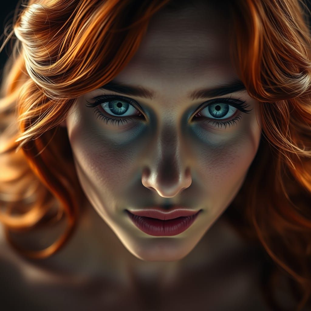 Stunning Woman with Auburn Hair and Blue Eyes, Rembrandt Sty...