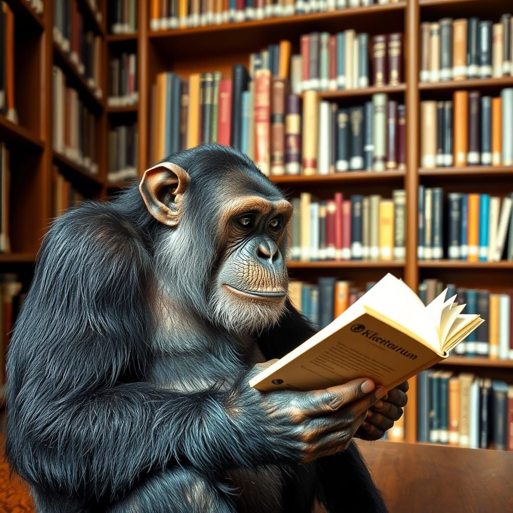 Chimpanzee Reading in Prague's Klementinum Library