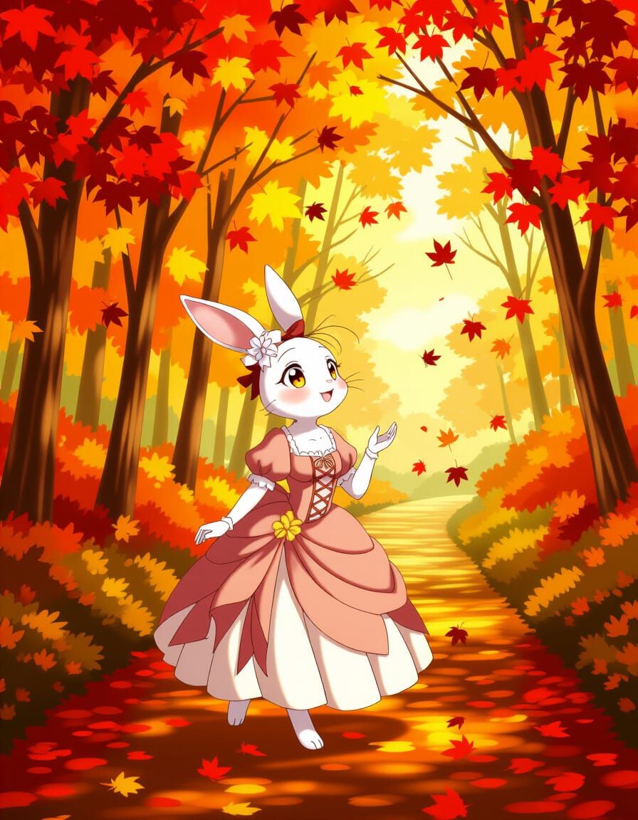 Anime Rabbit Enjoys Autumn Forest Stroll