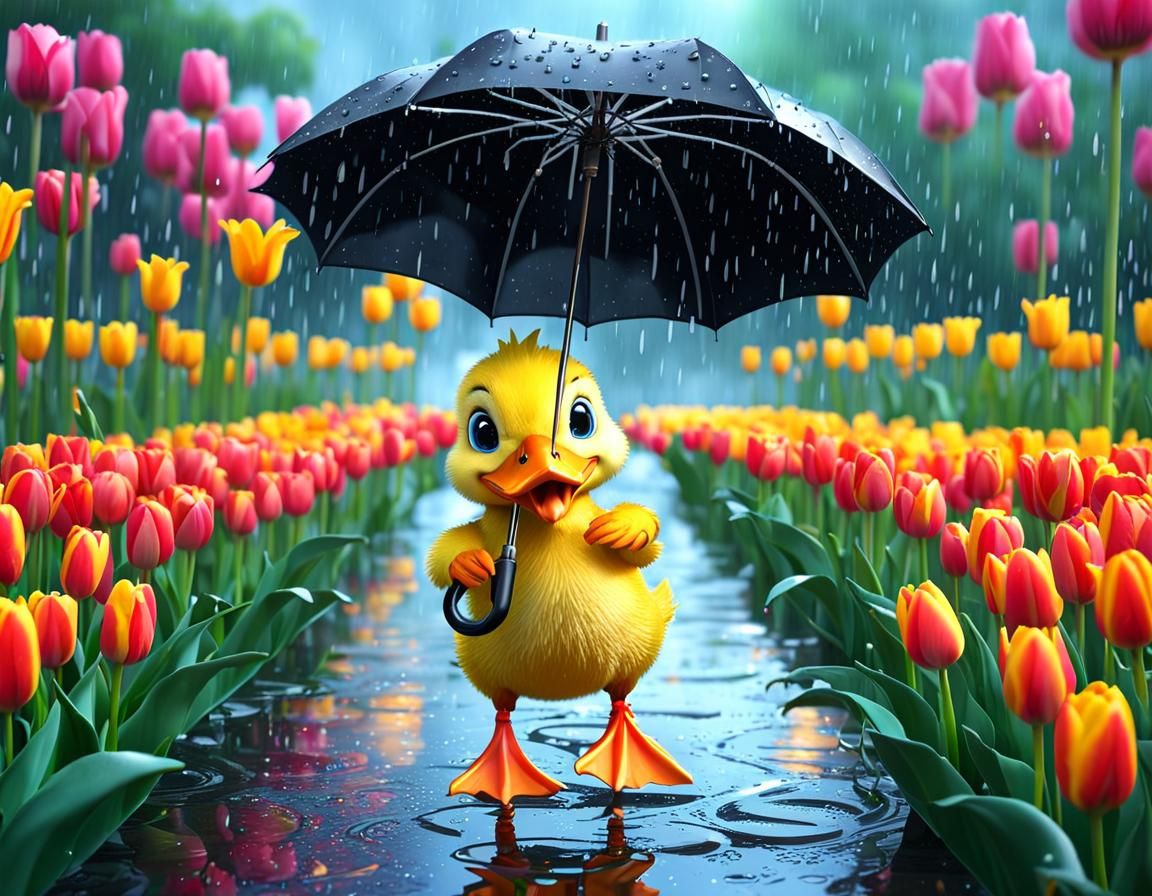 Cute Duckling in Spring Rain: Detailed Digital Art