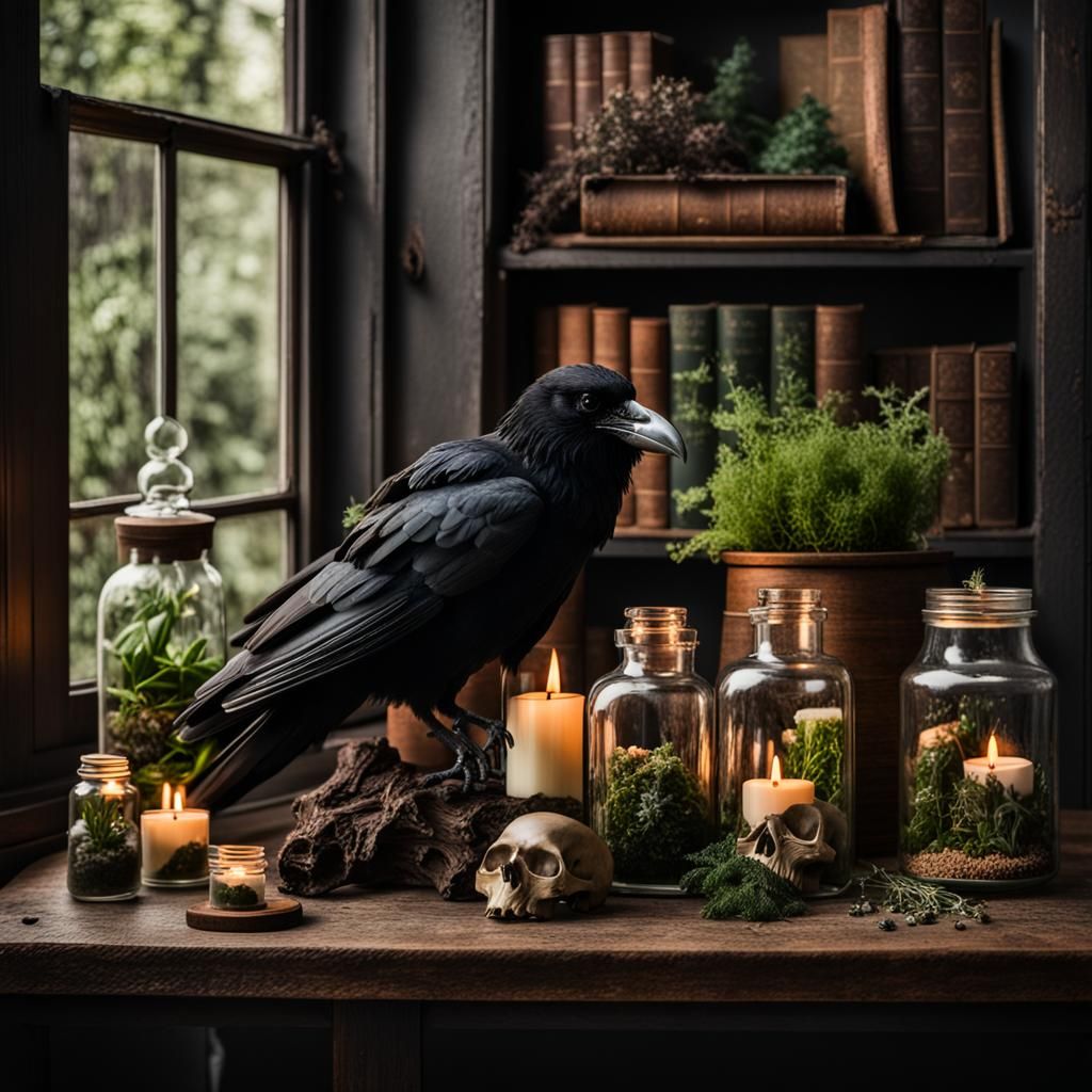 Moody Apothecary Scene with Raven and Skull