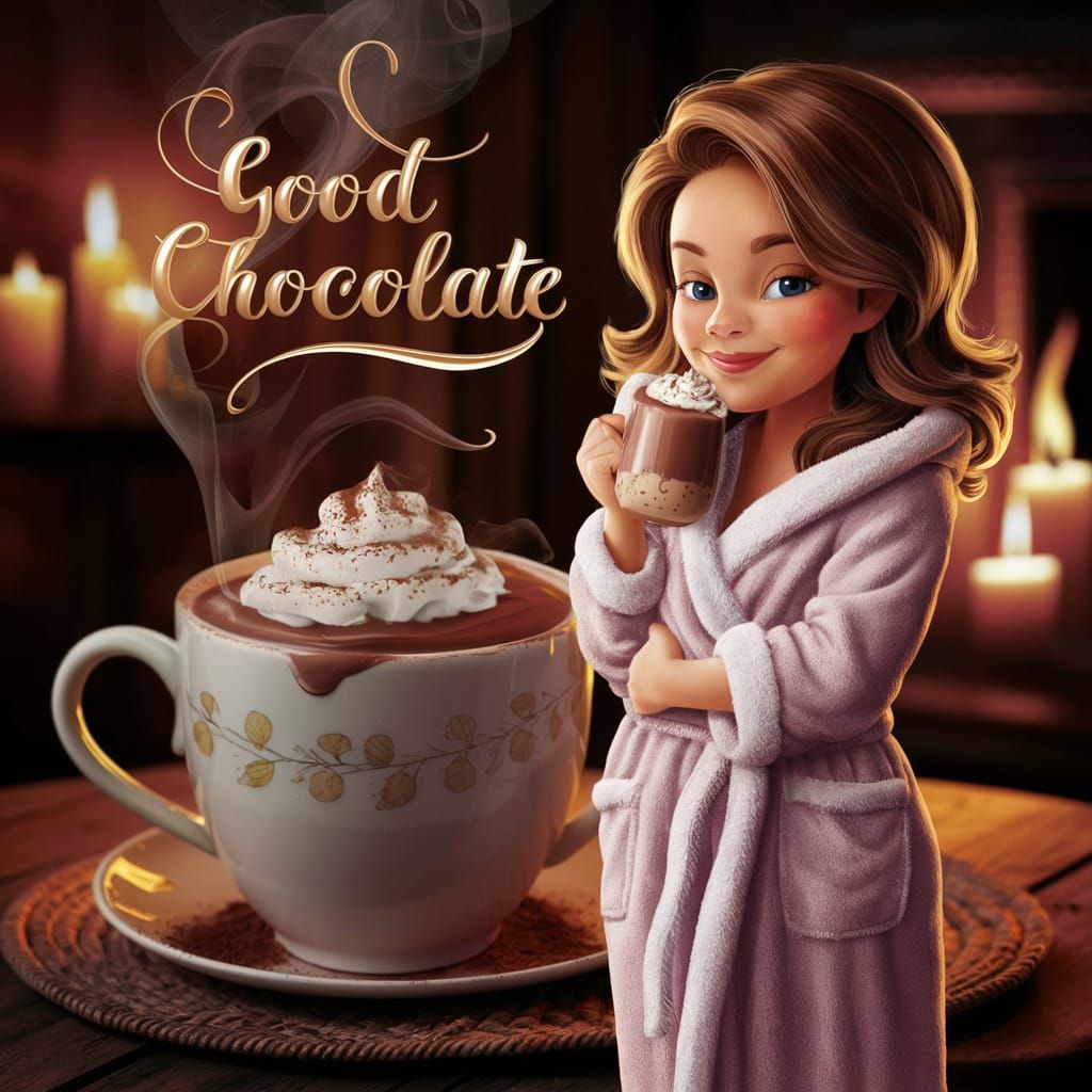 Cozy Brunette Woman Sipping Hot Chocolate by Fireplace