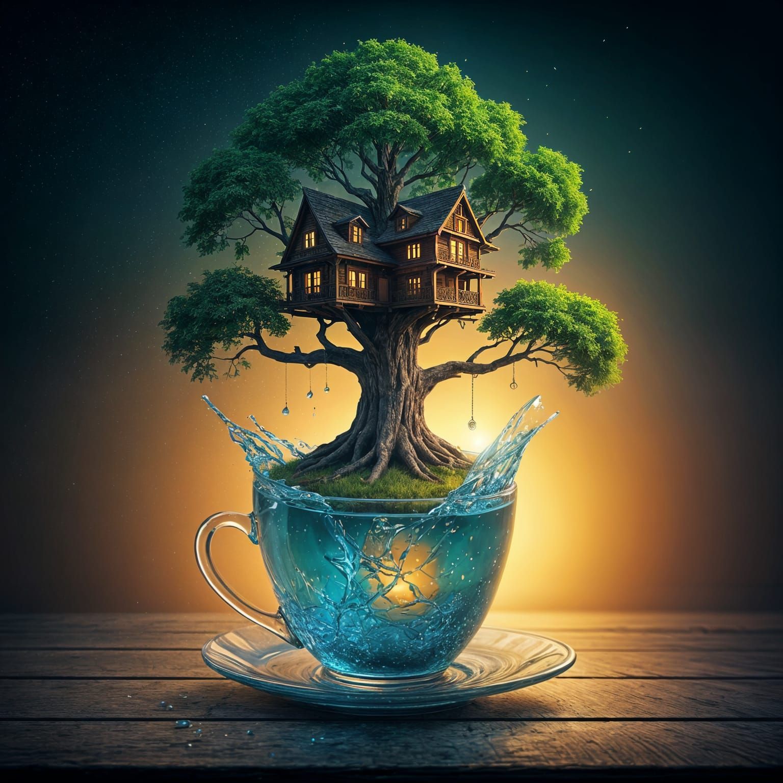 Vibrant Oak Tree in Shattered Glass Cup with Intricately Det...