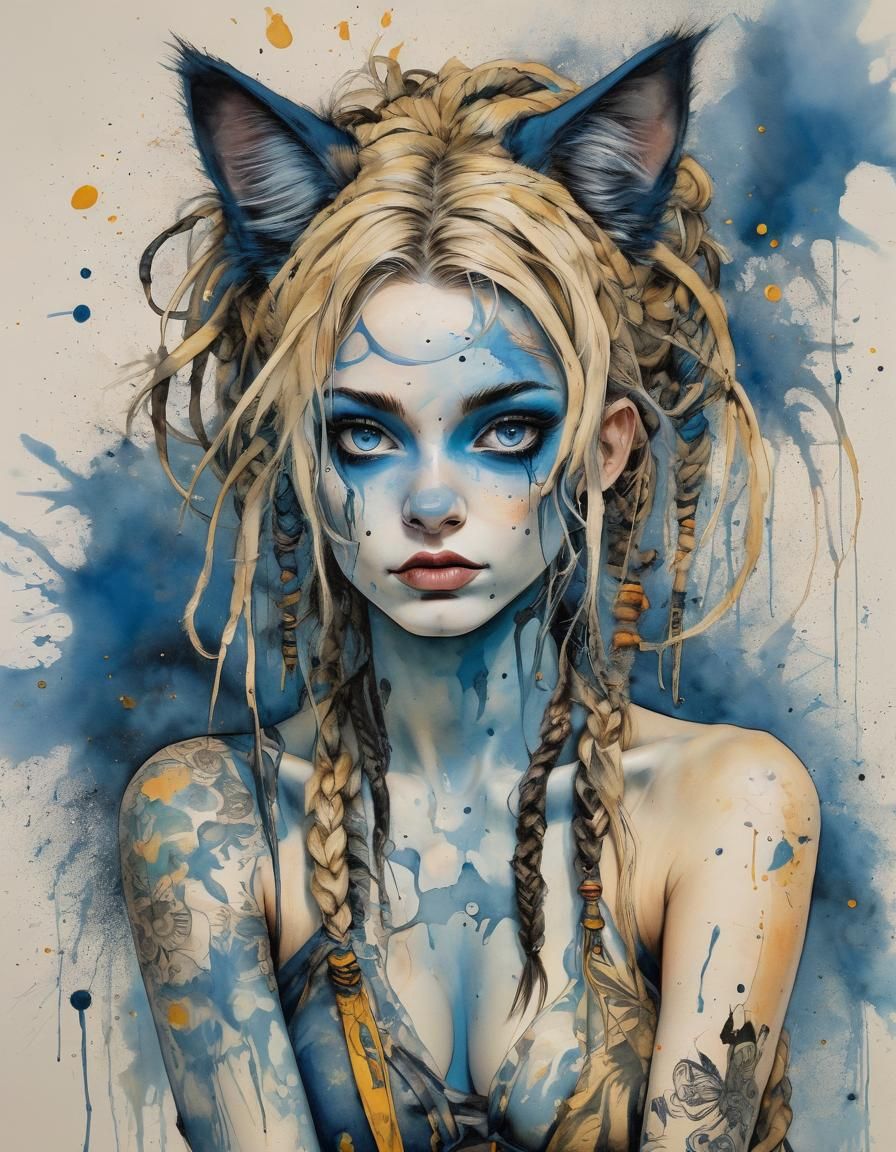 Girl in Cat Costume with Ink Splatter Effects