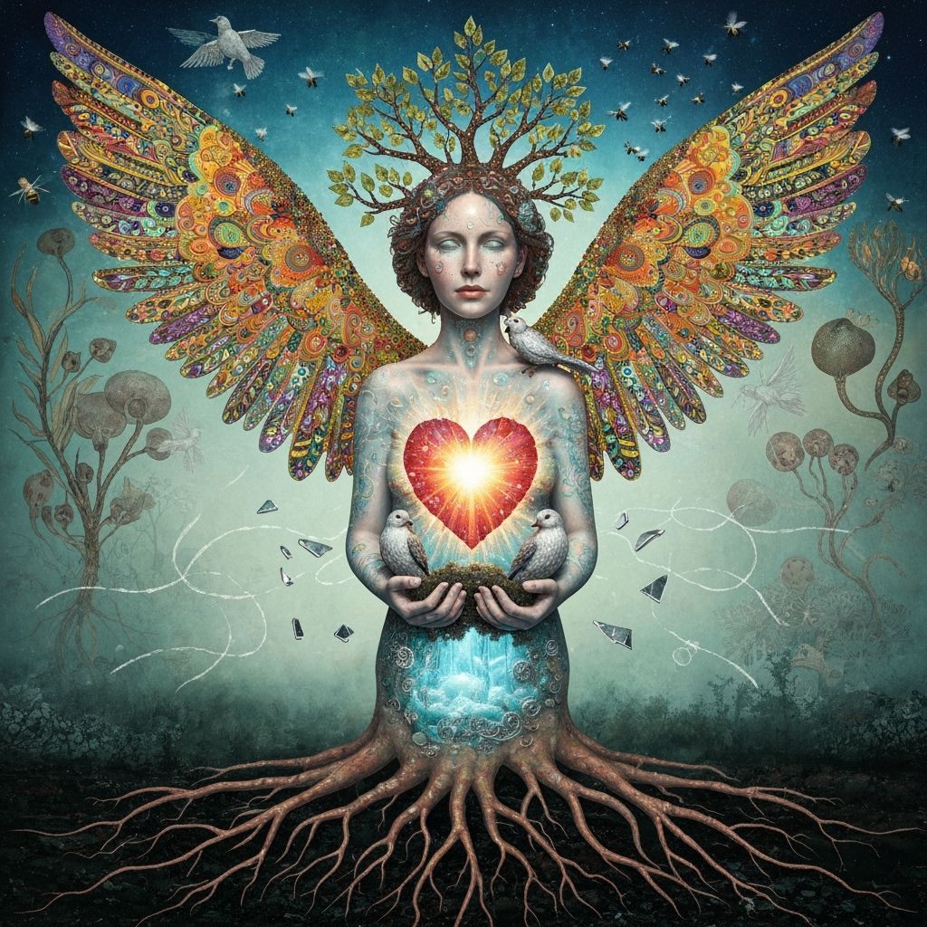 Surreal Woman Sculpture with Iridescent Wings in Golden Peri...