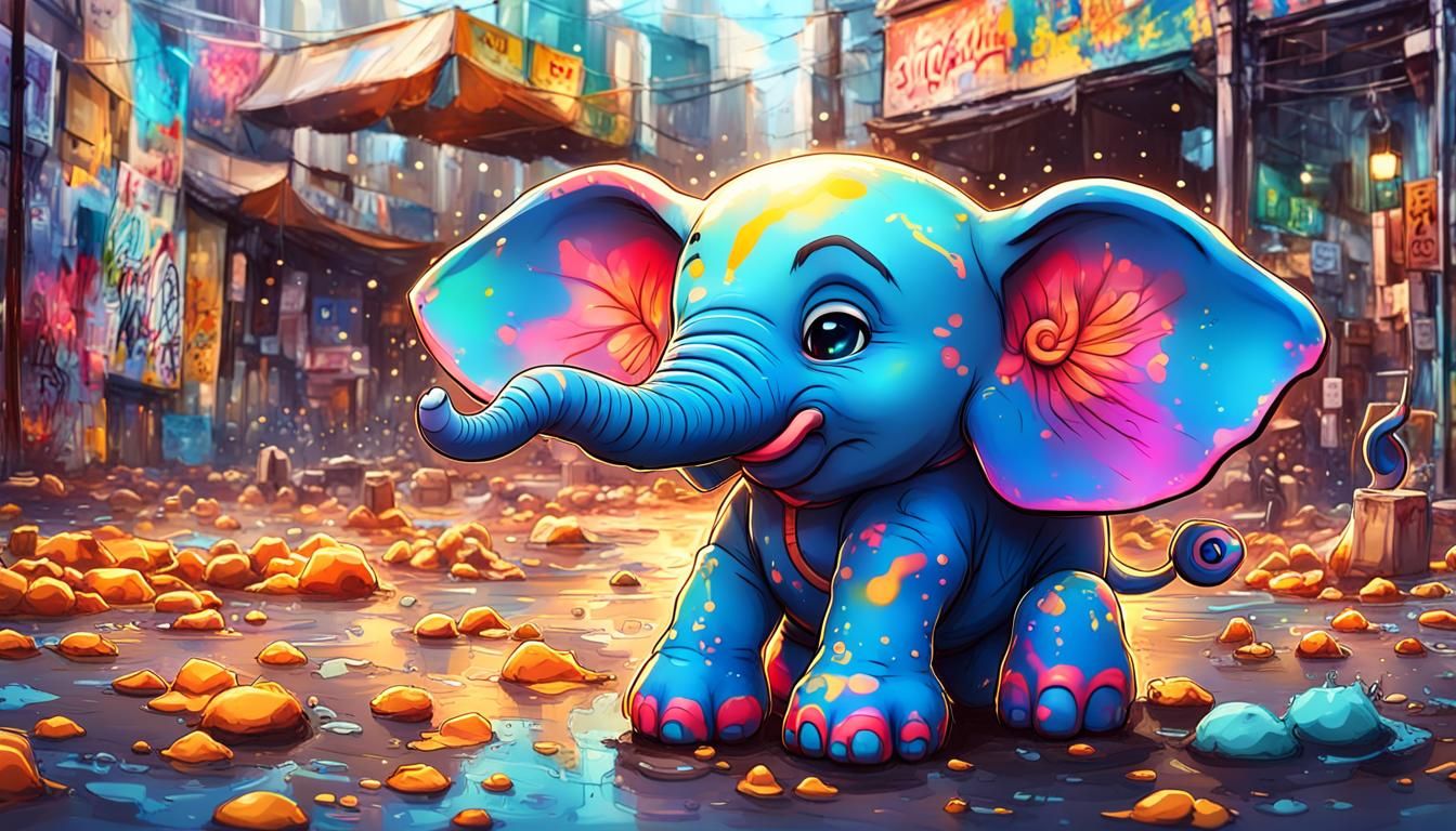 Detailed Chibi Elephant in Graffiti Anime Style