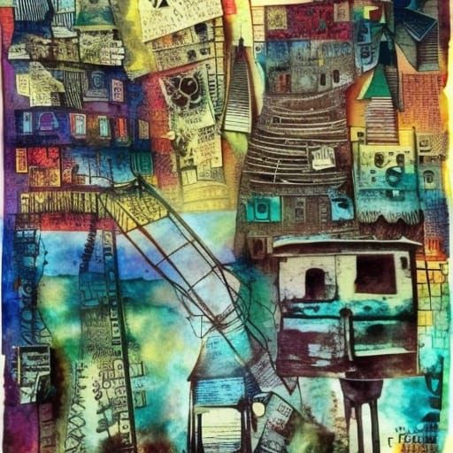 Colorful Gypsy Village Collage in Boho Art Style
