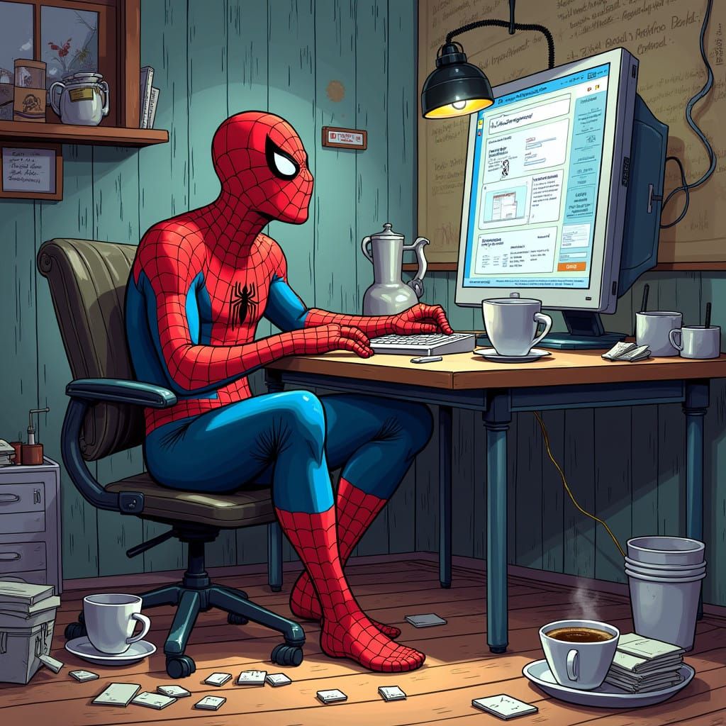 Spiderman in a Coffee-Fueled Creative Ruckus, Blending Comic...