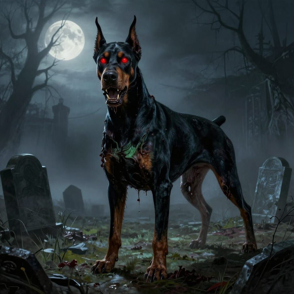 Evil Zombie Doberman in Moonlit Graveyard