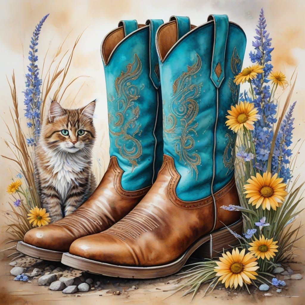 Watercolor Cowboy Boot with Cat and Wildflowers