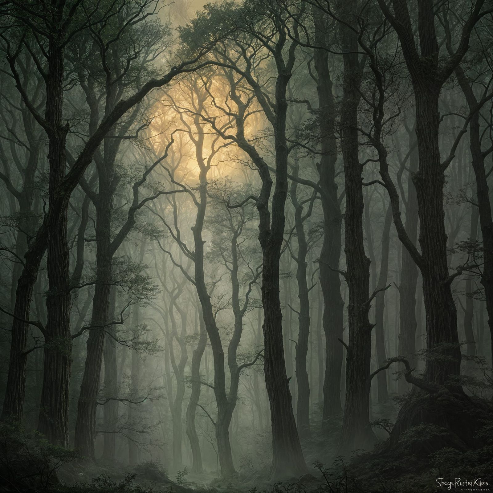 Mystical Old Growth Forest Silhouette in Ethereal Mist